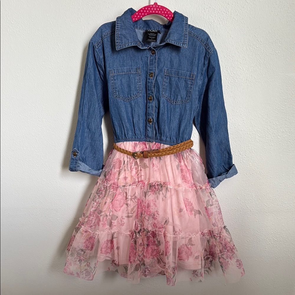 Pink & Violet Denim and Floral Dress with Belt